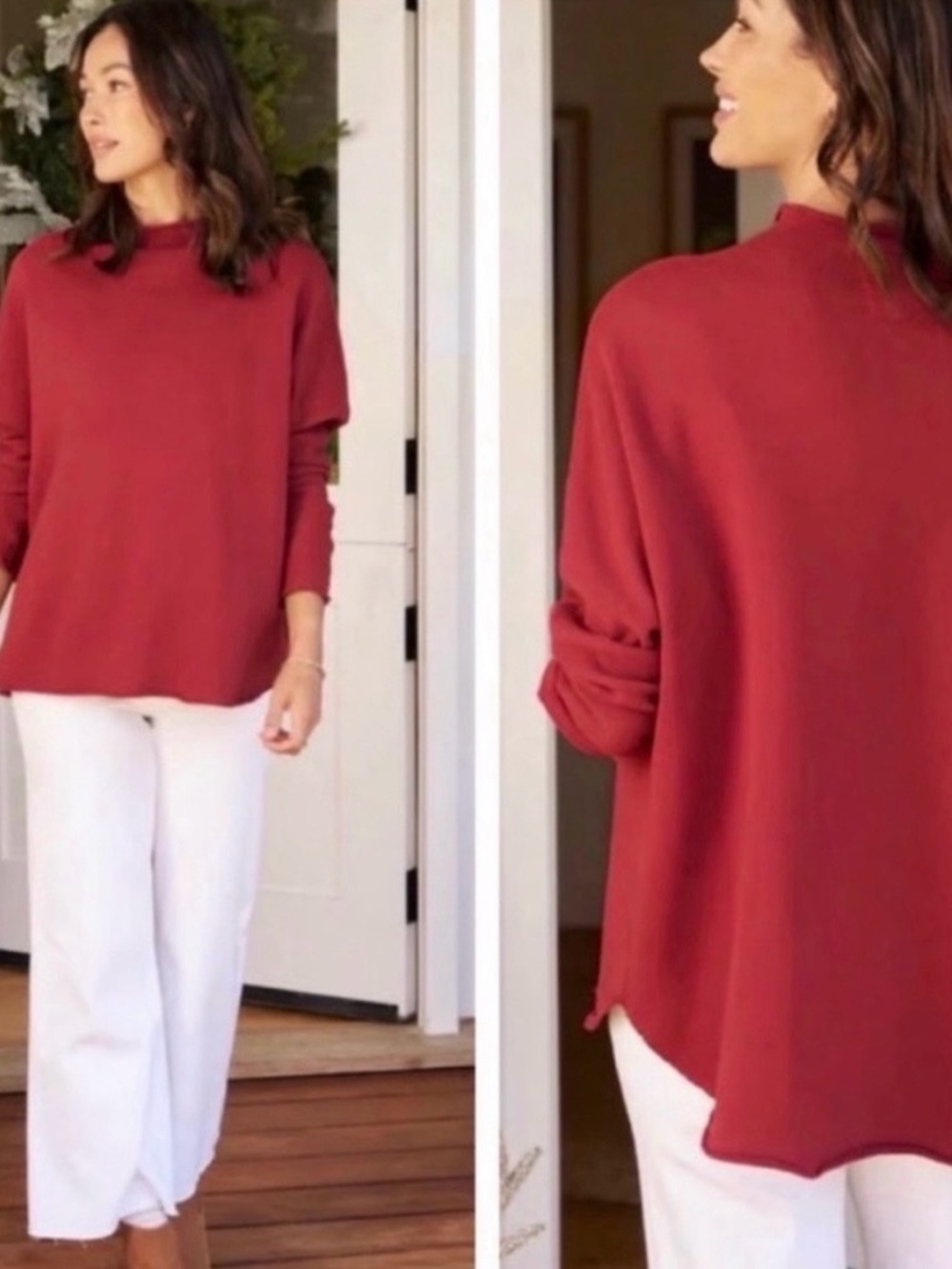 Frank & Eileen Effie Long-Sleeve Funnel Neck Triple Terry Capelet Red Small